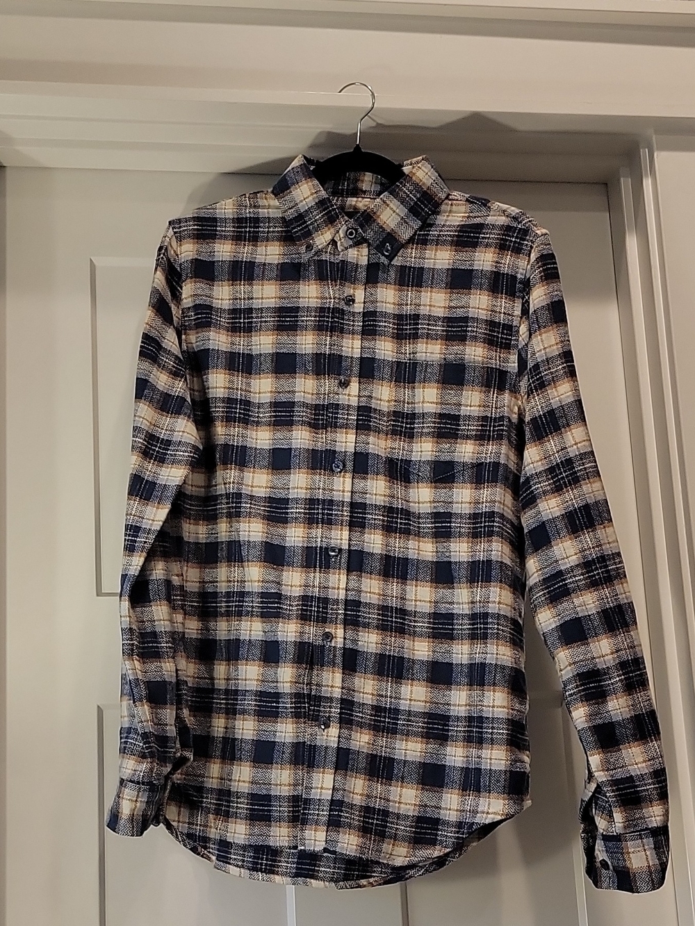Men's Navy and Cream Plaid Button-Down Shirt